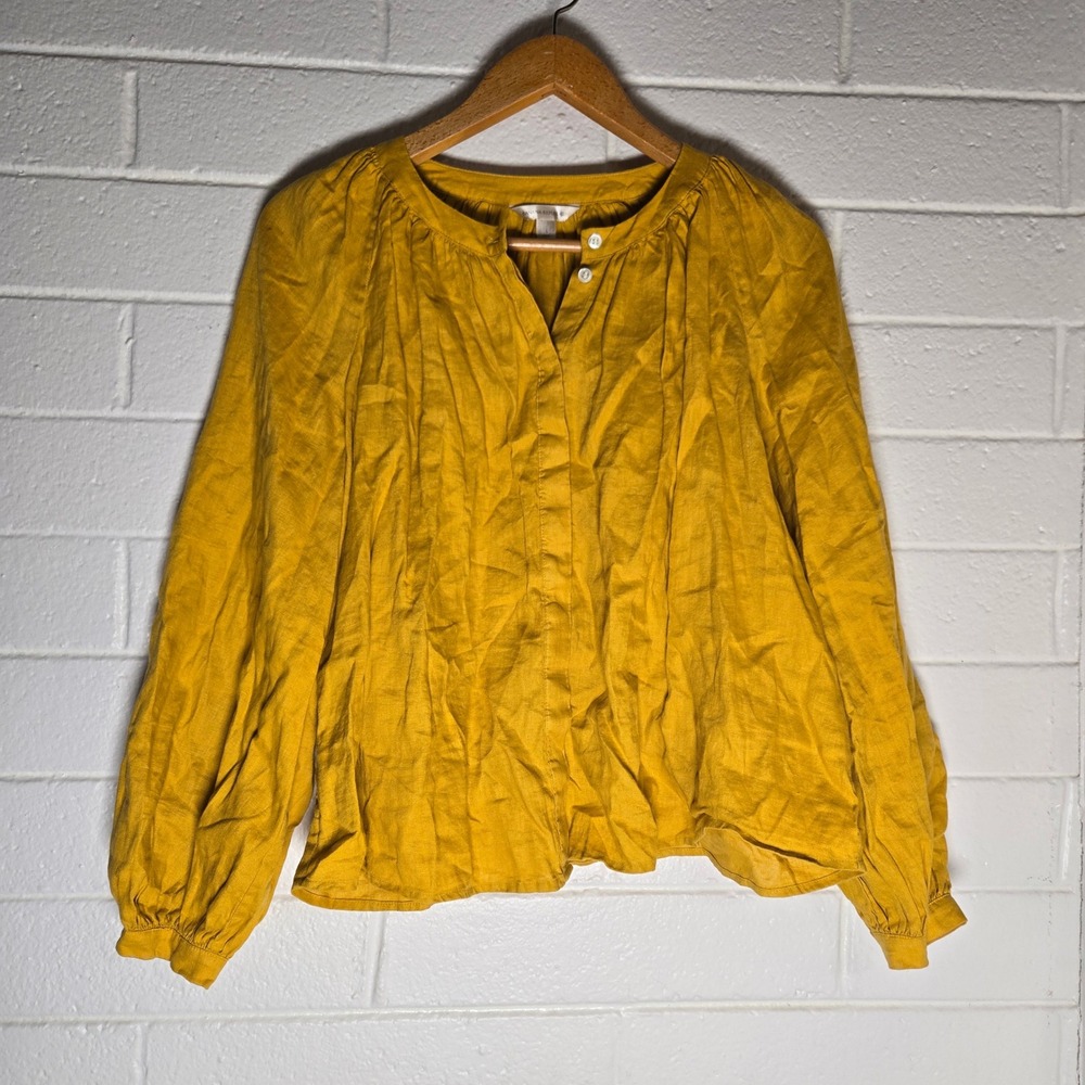 Banana Republic Womens Blouse Mustard Yellow 100% Linen Oversized Boho Puffy S